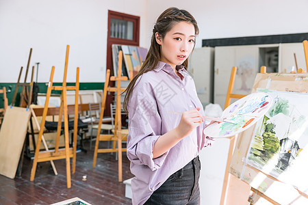 文艺画画美女女性绘画调颜料背景