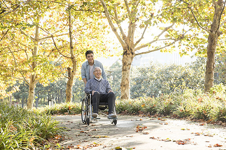 敬老公园陪伴老人散步图片