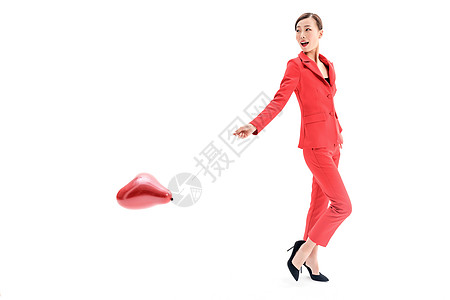 西装美女红西装女性手持气球背景