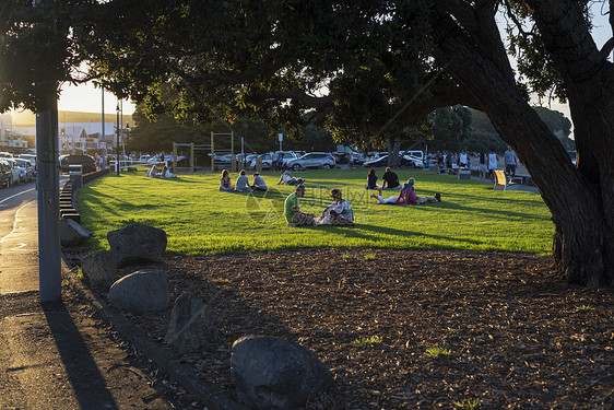 新西兰奥克兰坐在草坪上休息的人们图片