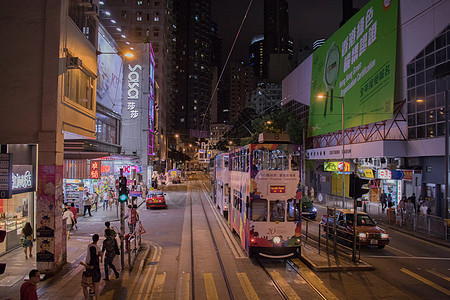 香港夜景夜色下的香港叮叮车大巴背景