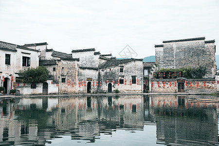 水墨山水背景徽州宏村月沼湖背景