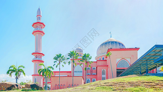沙巴旅游海报马来西亚粉色清真寺背景