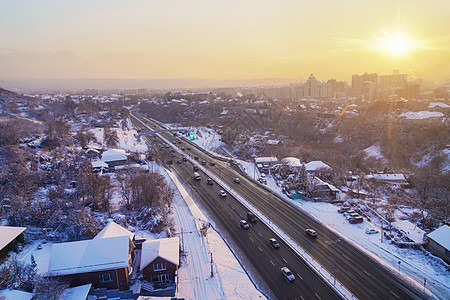 雪景城市哈萨克斯坦阿拉木图城市风光背景