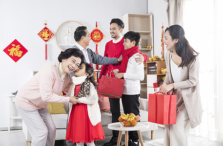 奶奶和孙子孙女新年一家人拜年背景