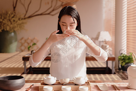 养生美女中国风美女品茶背景