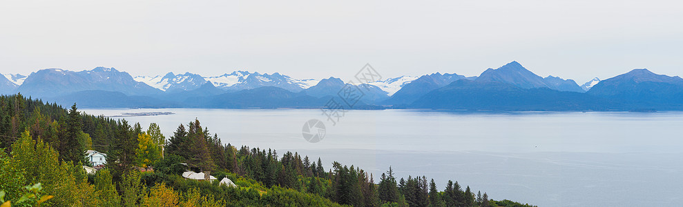 美国尔湾美国阿拉斯加荷马小镇雪山全景图背景