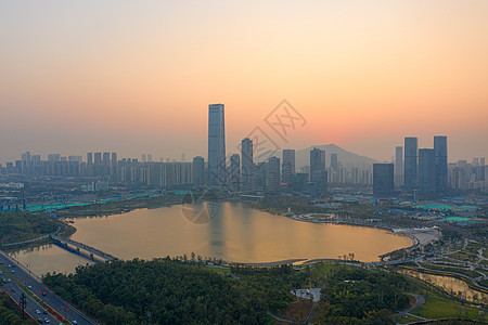 深圳城市俯瞰深圳湾全景日出背景