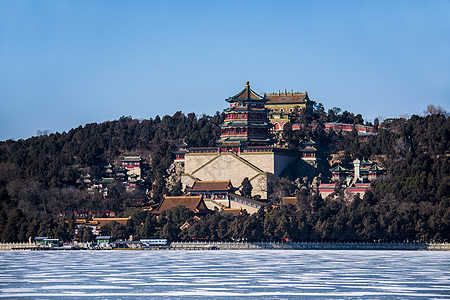 昆明湖旅游颐和园的冬天美景背景