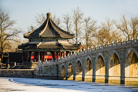 园林雪景颐和园十七孔桥的冬天雪景背景