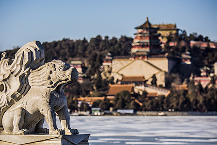 昆明湖旅游颐和园的冬天美景背景