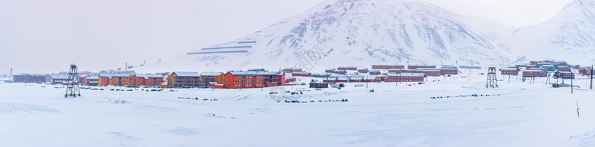 斯瓦尔巴北极城市朗伊尔城冬季城市雪景背景