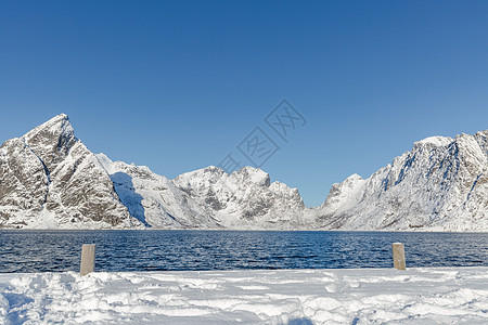 冬季北极圈峡湾壮观的雪山背景图片