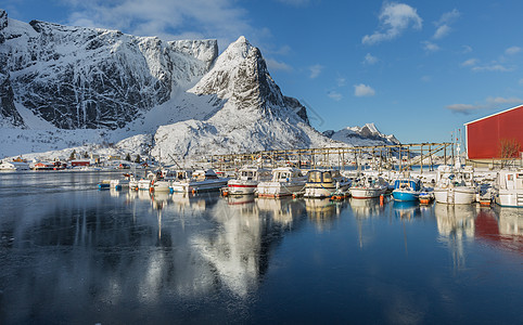 冬季唯美雪中屋北极圈冬季罗弗敦群岛雷纳渔村风光背景
