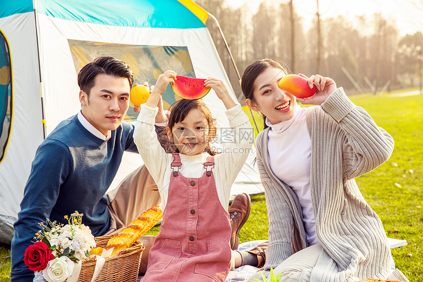 一家人欢乐地在草坪野餐图片