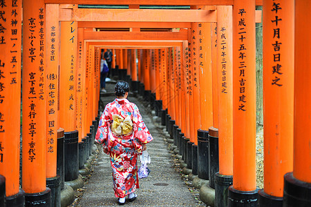 日本京都伏见稻荷大社千鸟居和服少女背景图片