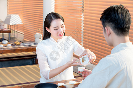 成茶馆古风情侣喝茶背景