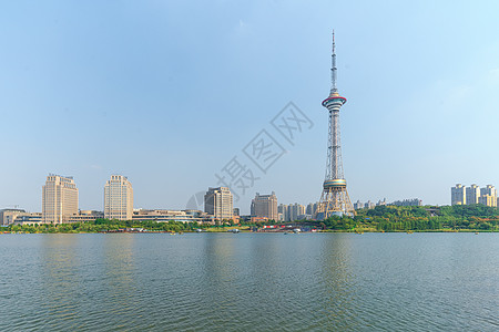 蓝天下的湖水蓝天下的城市天际线电视塔湖景背景