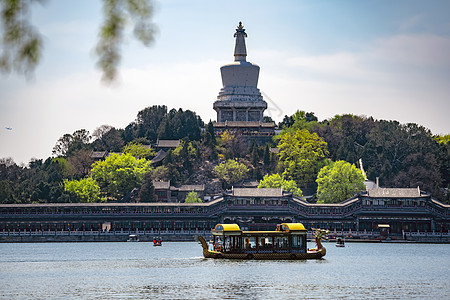 北京北海公园的湖泊上白塔高清图片