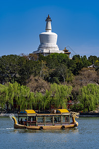 北京现代化北京北海公园的湖泊上白塔背景