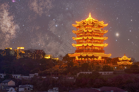 夜晚古建筑星空银河下地标建筑黄鹤楼背景