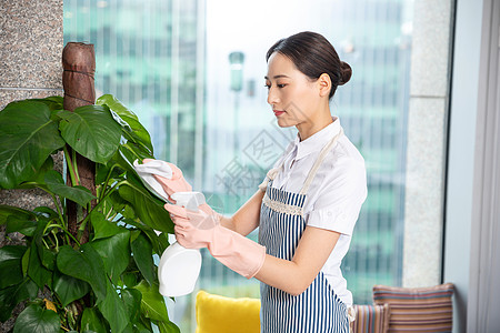 保洁人物女性保洁给绿植浇水背景