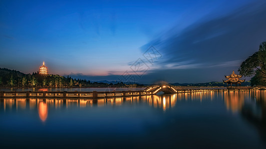 西湖桥夜景杭州西湖雷峰塔夜景背景