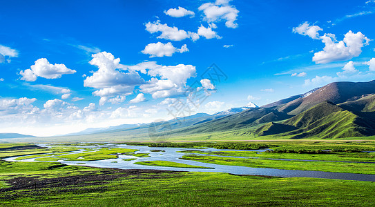 蓝色白云美丽草原的夏季风景背景