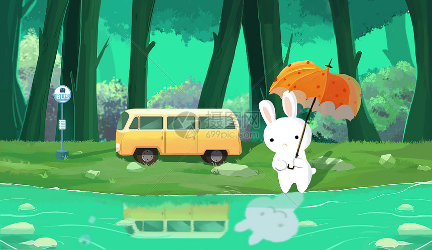 森林里打伞的兔子图片
