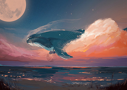 黄昏天空遨游的鲸图片