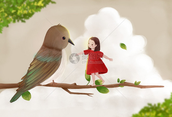 女孩和小鸟图片