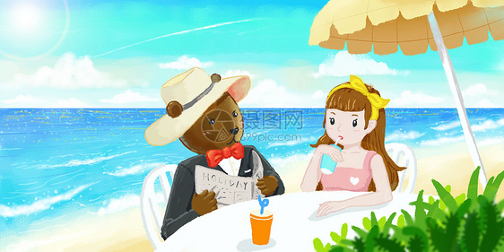 夏日海滩小熊先生与少女图片