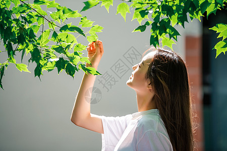 抬头看的女人女孩抬头看绿叶背景