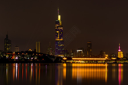 夜幕下的玄武湖畔与紫峰大厦建筑群图片