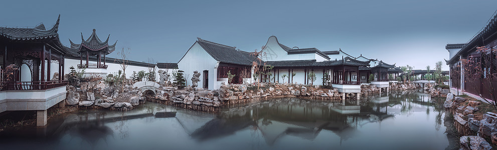 中式古建筑湿地大洋湾背景