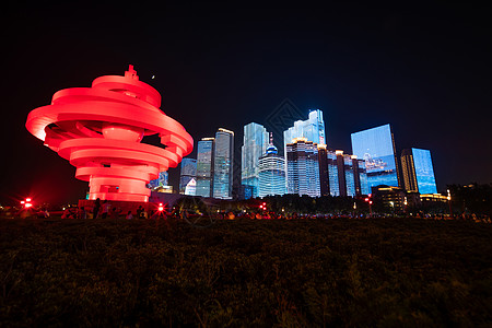 夜景城市青岛五四广场夜景灯光秀背景