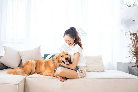 美女与宠物金毛犬相伴图片