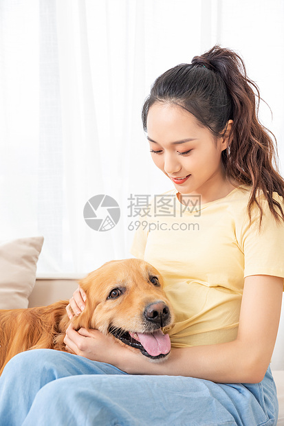 怀孕的美女和宠物金毛犬图片