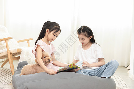 宠物狗小女孩们和狗狗一起看书背景