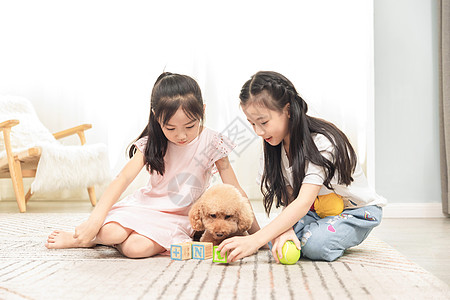 小女孩们居家和狗玩耍图片