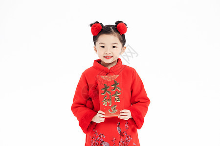 春节过年小女孩开心拿着红包背景图片