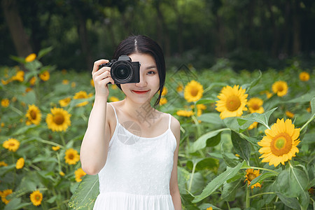 向日葵中拿着相机的少女图片