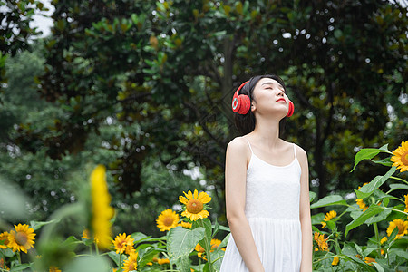 向日葵中戴耳机的少女高清图片