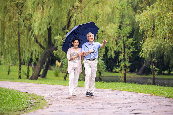 老年夫妇在公园雨中散步图片