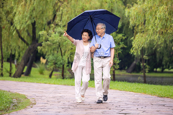 老年夫妇在公园雨中散步图片