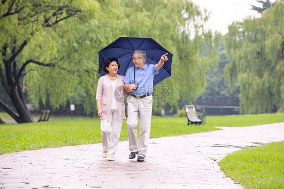 老年夫妇在公园雨中散步图片