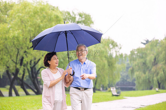 老年夫妇在公园雨中散步图片