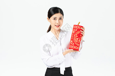 商务美女拿新年挂件迎新年图片