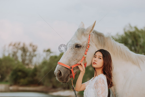 年轻女性与白马图片