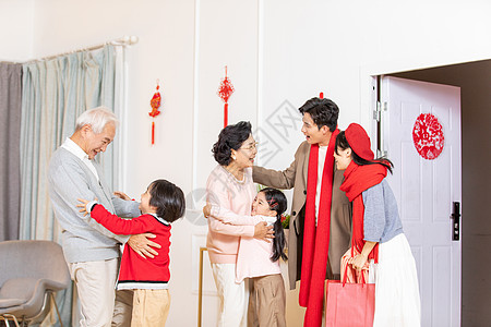 奶奶和孙子孙女新年一家人拜年背景